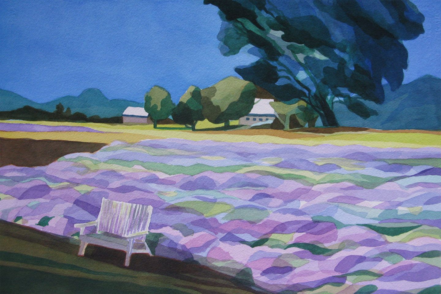 Applegate Lavender Farm. Medford, Oregon. July 2014. Analytic Transparent Watercolor. Honorable mention, Oregon Lavender Festival Plein Air Paint out 2014