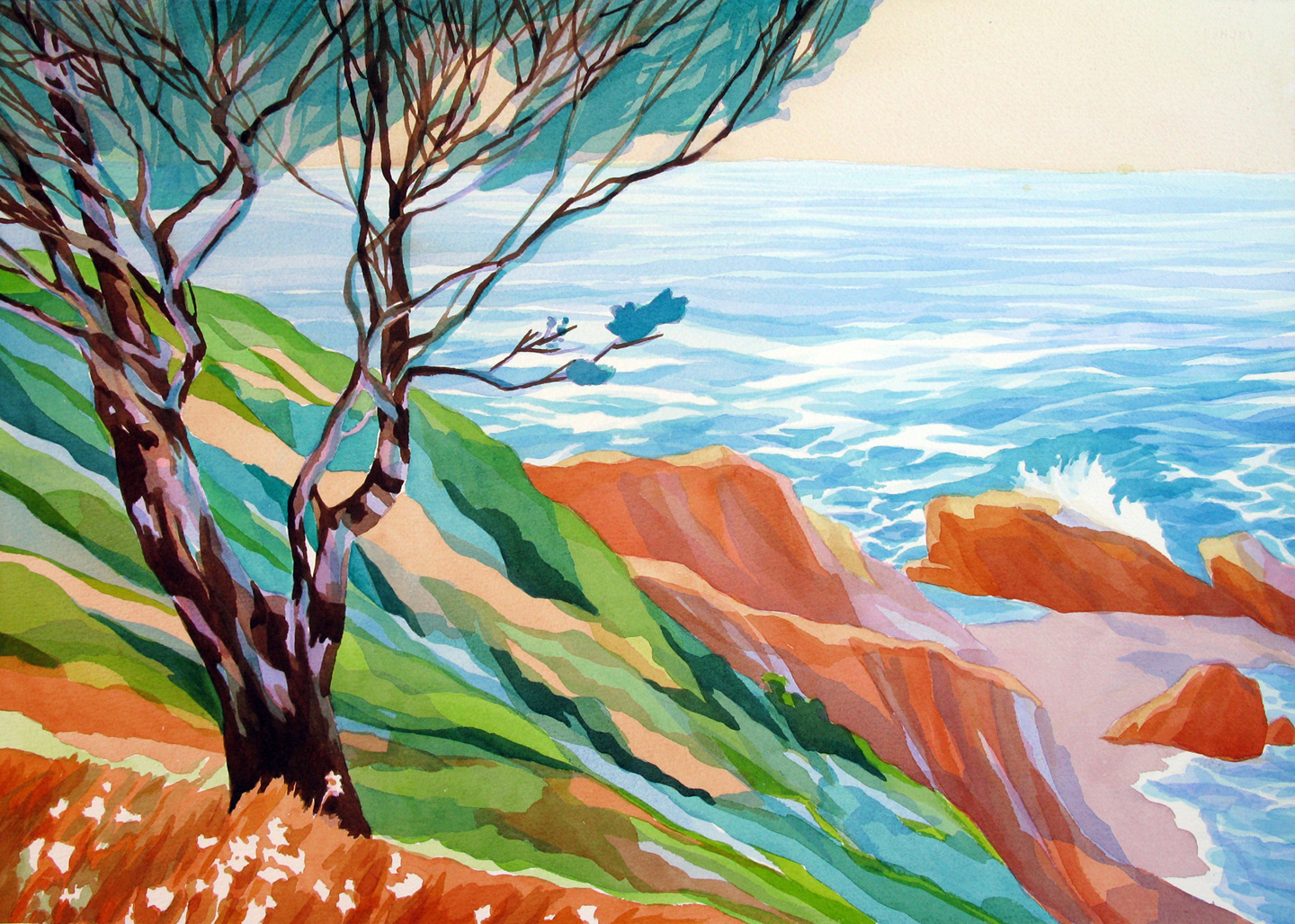 Ocean Cliffs, Analytic Transparent Watercolor by Sara Kahn, Shelter Cove, California. October 2014, Second place award for watercolor at Lost Coast Plein air paint out event 2014