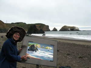 Sara Kahn Painting at Rodeo Beach San Francisco, California. Transparent watercolor.