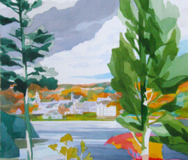 <b>Just Before the Rain</b> <br>
Fort Knox, Maine. October 2015<br>
<a href="http://sarakahn.net/shapes-no-lines/"><b><u>Shapes, no lines</u></b></a> Framed 30” x 24”, Analytic Transparent Watercolor.