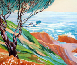 <b>Ocean Cliffs </b> <br>
Shelter Cove, California. October 2014<br>
<font color= "#cc8649">★ Second place award for watercolor at Lost Coast Plein air paint out event 2014.</font><br>
<a href="http://www.sarakahn.net/color-composition/"><b><u>Color Composition</u></b></a> Framed 30” x 24”, Analytic Transparent Watercolor.