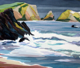 <b>Rodeo Beach</b> <br>
San Francisco, California. August 2014<br>
<font color= "#cc8649">★ Juried into Emerald Art Center Annual show 2015, Portland, Oregon.</font><br>
<a href="http://sarakahn.net/choice-of-viewpoint-2/"><b><u>Choice of Viewpoint</u></b></a> Framed 30” x 24”, Analytic Transparent Watercolor.