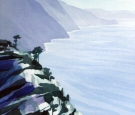 <b>Dawn at Forgotten Coast</b> <br>
Shelter Cove, California. October 2015<br>
<font color= "#cc8649">★ First place watercolor at the Lost Coast Plein air Paint out 2015.</font><br>
<a href="http://sarakahn.net/solving-a-puzzle/"><b><u>Solving a Puzzle</u></b></a> Framed 29” x 35”, Analytic Transparent Watercolor.